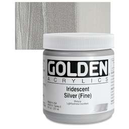 Golden Heavy Body Artist Acrylic - Iridescent Silver (Fine), 8 oz jar and swatch