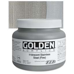 Golden Heavy Body Artist Acrylic - Iridescent Stainless Steel (Fine), 32 oz Jar and swatch