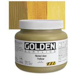Golden Heavy Body Artist Acrylic - Nickel Azo Yellow, 32 oz Jar and swatch