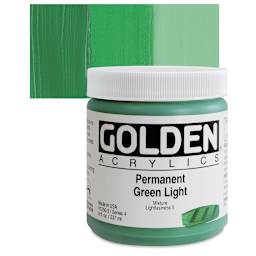 Golden Heavy Body Artist Acrylic - Permanent Green Light, 8 oz Jar and swatch