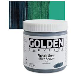 Golden Heavy Body Artist Acrylic - Phthalo Green (Blue Shade), 16 oz Jar and swatch