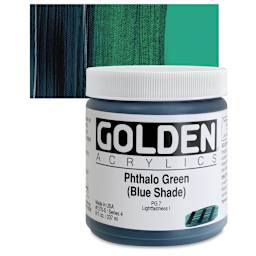 Golden Heavy Body Artist Acrylic - Phthalo Green (Blue Shade), 8 oz Jar and swatch