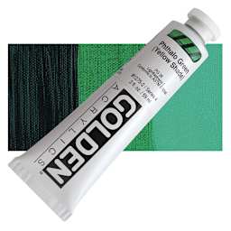Golden Heavy Body Artist Acrylic - Phthalo Green (Yellow Shade), 2 oz Tube and swatch