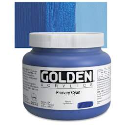 Golden Heavy Body Artist Acrylic - Primary Cyan, 32 oz Jar and swatch