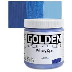 Golden Heavy Body Artist Acrylic - Primary Cyan, 8 oz Jar and swatch
