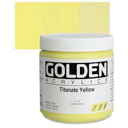 Golden Heavy Body Artist Acrylic - Titanate Yellow, 8 oz Jar and swatch