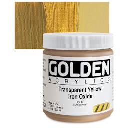 Golden Heavy Body Artist Acrylic - Transparent Yellow Iron Oxide, 8 oz Jar and swatch