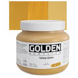Golden Heavy Body Artist Acrylic - Yellow Ochre, 32 oz Jar and swatch