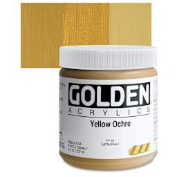 Golden Heavy Body Artist Acrylic - Yellow Ochre, 8 oz Jar and swatch