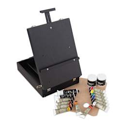 Blick Artist's Acrylic Paints - Easel Set, Black. Open Sketchbox Easel, paints outside of easel.