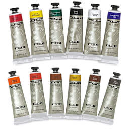 Blick Artist's Acrylic Paints - Assorted, 2 oz tubes.  Two rows of 6 tubes, unpackaged.