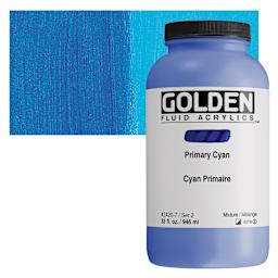 Golden Fluid Acrylic - Primary Cyan, 32 oz bottle and swatch