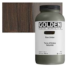 Golden Fluid Acrylic - Raw Umber, 32 oz bottle and swatch