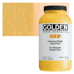 Golden Fluid Acrylic - Iridescent Bright Gold (Fine), 32 oz bottle and swatch