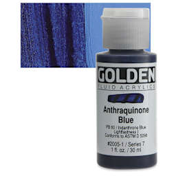 Golden Fluid Acrylic - Anthraquinone Blue, 1 oz bottle and swatch
