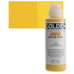 Golden Fluid Acrylic - Diarylide Yellow, 4 oz bottle and swatch