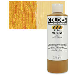Golden Fluid Acrylic - Indian Yellow Historical Hue, 8 oz bottle and swatch
