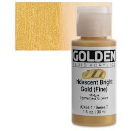 Golden Fluid Acrylic - Iridescent Bright Gold (Fine), 1 oz bottle and swatch