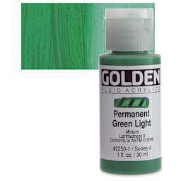 Golden Fluid Acrylic - Permanent Green Light, 1 oz bottle and swatch