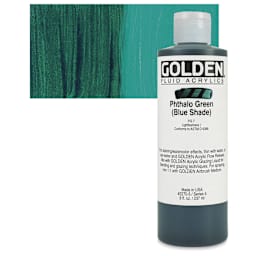 Golden Fluid Acrylic - Phthalo Green (Blue Shade), 8 oz bottle and swatch