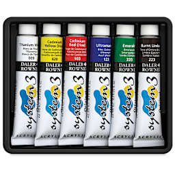 Daler-Rowney System3 Acrylics - Components of Starter Set of 6 colors in tray