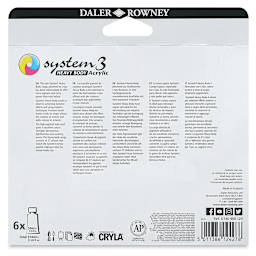 Daler-Rowney System3 Heavy Body Acrylic Paint Set - Starter Set, Assorted Colors, Set of 6, 59 ml, Tubes (Back of packaging)
