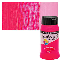 Daler-Rowney System3 Acrylic - Fluorescent Pink, 500 ml bottle and swatch