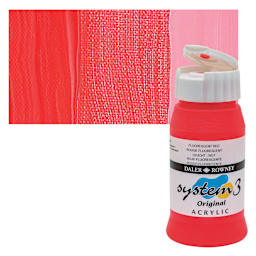 Daler-Rowney System3 Acrylic - Fluorescent Red, 500 ml bottle and swatch