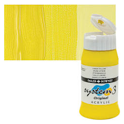Daler-Rowney System3 Acrylic - Lemon Yellow, 500 ml bottle and swatch
