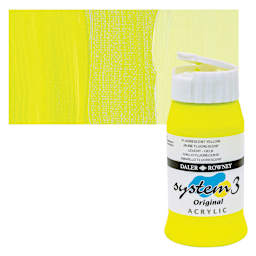 Daler-Rowney System3 Acrylic - Fluorescent Yellow, 500 ml bottle and swatch