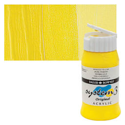 Daler-Rowney System3 Acrylic - Process Yellow, 500 ml bottle and swatch