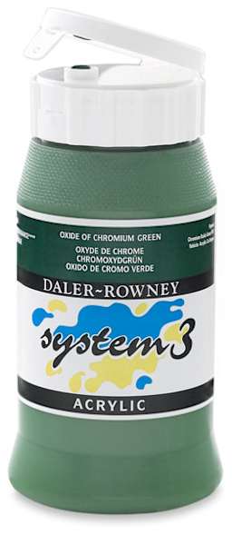 Daler-Rowney System3 Medium Body Acrylic Paint - Front of 500 ml Jar of Oxide of Chromium Green