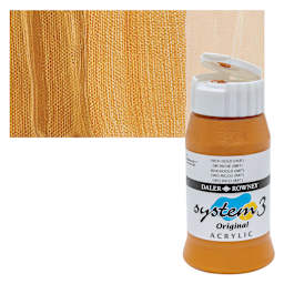 Daler-Rowney System3 Acrylic - Rich Gold Hue, 500 ml bottle and swatch