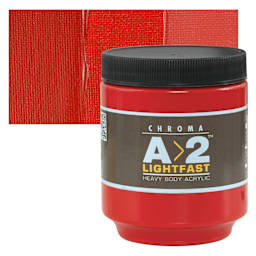 Chroma A2 Student Acrylic - Cadmium Red Medium Hue, 250 ml jar and swatch