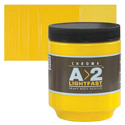 Chroma A2 Student Acrylic - Cadmium Yellow Medium Hue, 250 ml jar and swatch