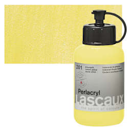 Lascaux Perlacryl Iridescent Acrylic - Lemon Yellow, 85 ml bottle and swatch