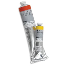 Lascaux Artist Acrylic Paints - 45 ml Cadmium Yellow and 200 ml Cadmium Orange tubes upright