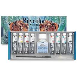 Maimeri Polycolor Vinyl Paints - Components of 8 pc Intro Set shown in open package tray 