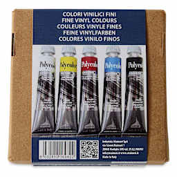 Maimeri Polycolor Vinyl Paint - Back of package of 5 Primary Colors