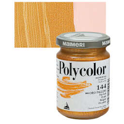 Maimeri Polycolor Vinyl Paint - Pale Gold, 140 ml jar and swatch