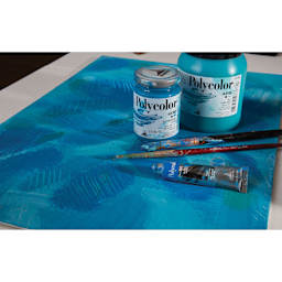 Maimeri Polycolor Vinyl Paints (jars of paints on a blue painting)