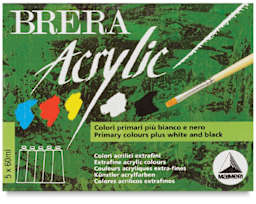 Maimeri Brera Artist Acrylics - Primary Colors, Set of 5, 2 oz tubes (Front of packaging)
