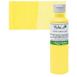 Tri-Art Liquid Artist Acrylic - Arylide Yellow Light, 120 ml bottle and swatch