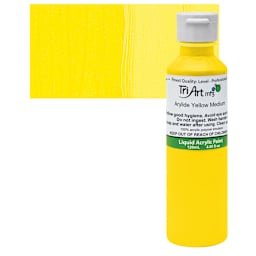 Tri-Art Liquid Artist Acrylic - Arylide Yellow Medium, 120 ml bottle and swatch