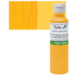 Tri-Art Liquid Artist Acrylic - Arylide Yellow Deep, 120 ml bottle and swatch