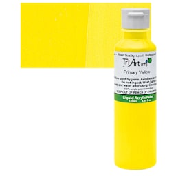 Tri-Art Liquid Artist Acrylic - Primary Yellow, 120 ml bottle and swatch