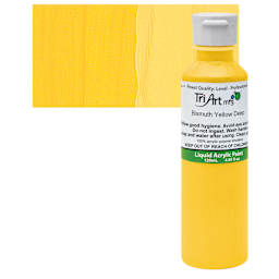 Tri-Art Liquid Artist Acrylic - Bismuth Yellow Deep, 120 ml bottle and swatch