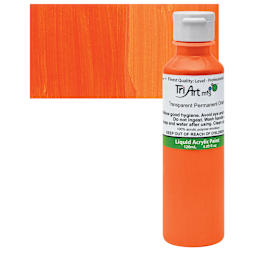 Tri-Art Liquid Artist Acrylic - Transparent Permanent Orange, 120 ml bottle and swatch