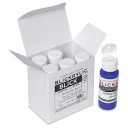 Blickrylic Student Acrylics - Primary Colors, Set of 6, 2 oz Bottles, one bottle out of packaging