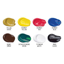 Liquitex Basics Acrylic Set - Color Mixing Set, 2.5 oz Tubes (Color swatches: Yellow Oxide, Primary Yellow, Primary Red, Primary Blue, Burnt Umber, Phthalocyanine Green, Titanium White, Mars Black)